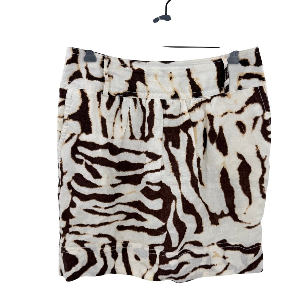 Bananaβ Republic Brown Zebra Print 100% Linen Mini Skirt Size 8 Lined Pockets
